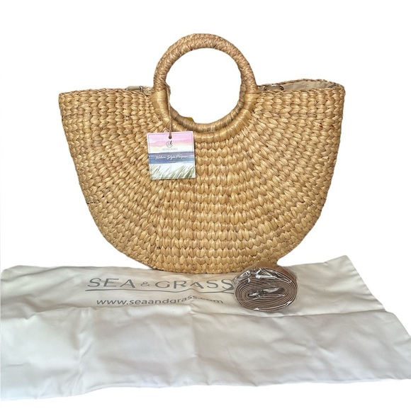 Natural fiber woven Satchel Crossbody Half Moon Circle Handle vacation beach bag - Picture 2 of 9